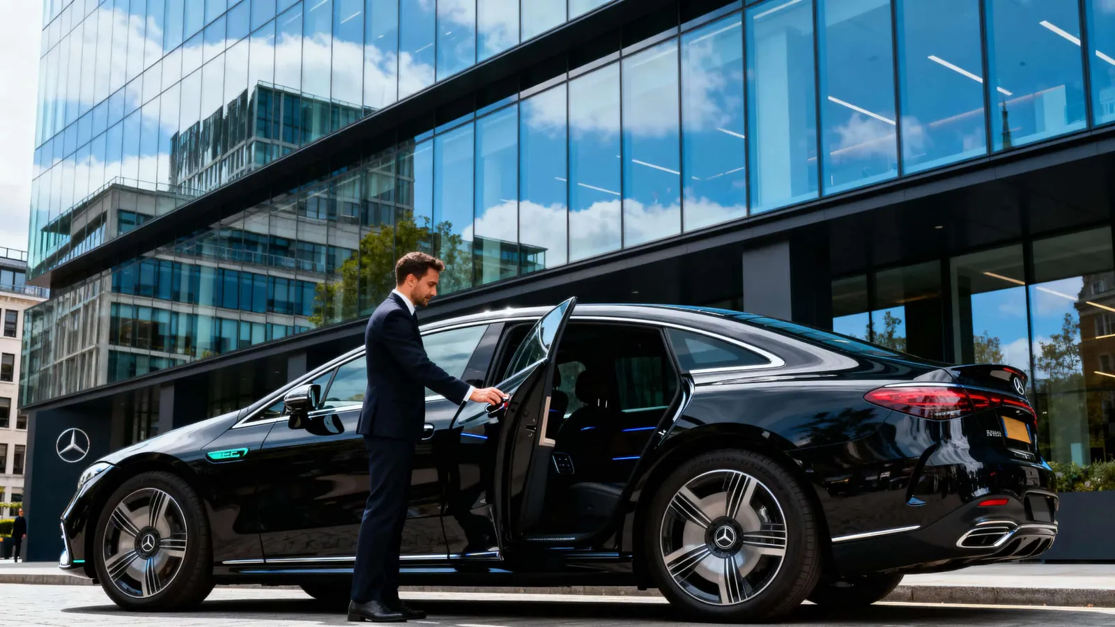 A chauffeur in a dark suit opening the rear door of a black Mercedes electric saloon outside a glass office building