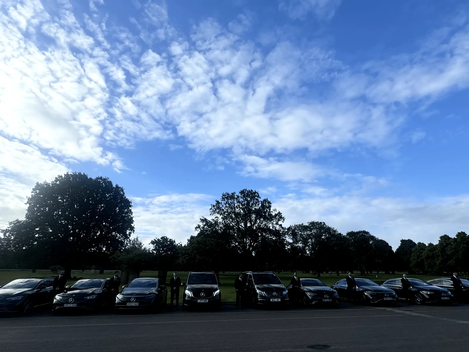 A row of parked cars in a parking lot, showcasing various colors and models under clear blue skies