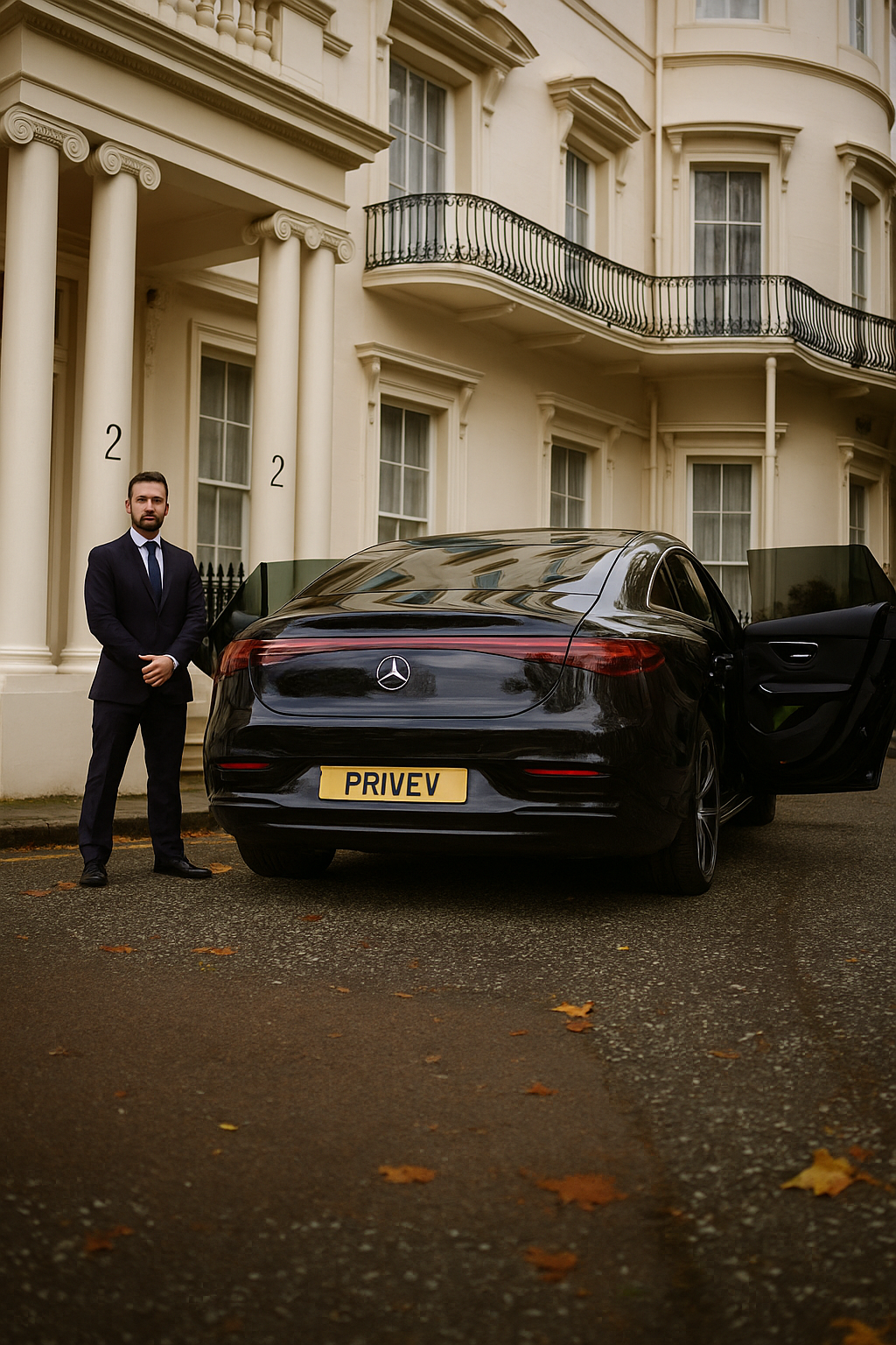 A man in a suit stands beside a sleek black car, exuding professionalism and confidence