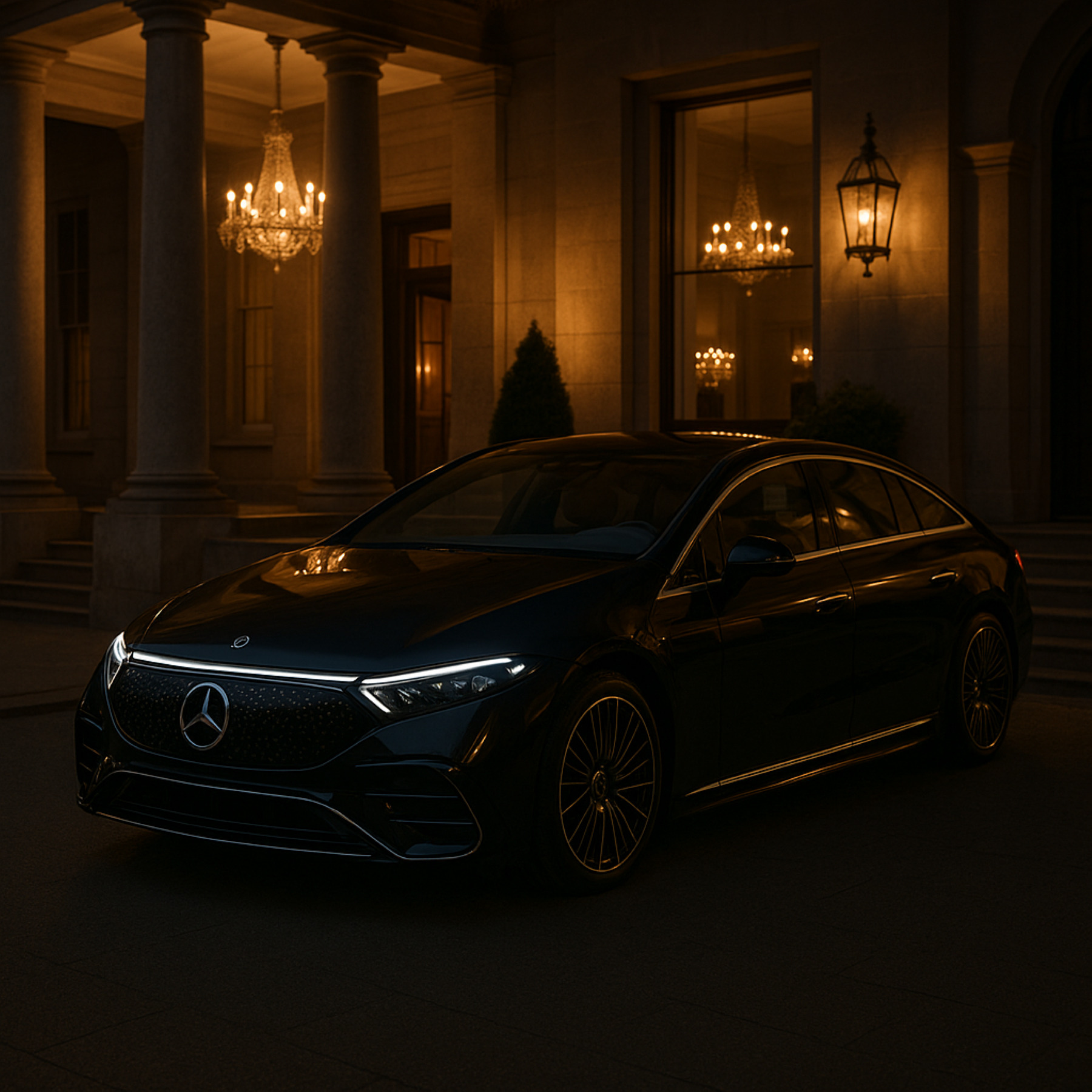 A sleek black car is parked outside a spacious house with a prominent facade and landscaped yard