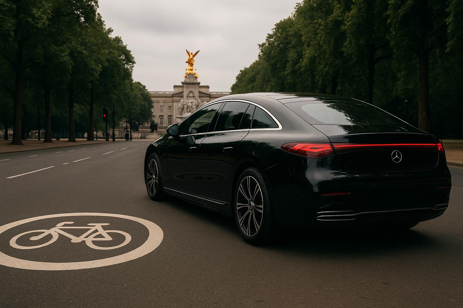 A black Mercedes car is seen driving on a road that includes a bicycle symbol, highlighting a bike-friendly zone